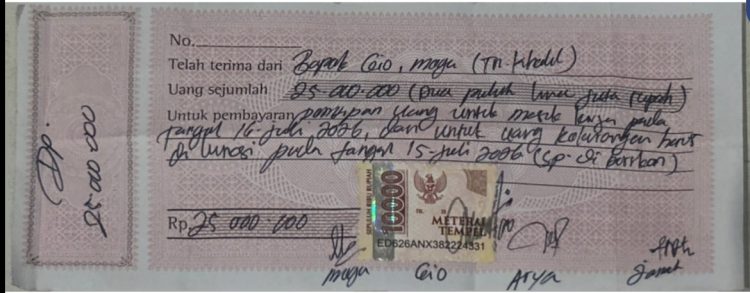 Kwitansi DP masuk kerja di PT Nikomas Gemilang. Dok. (Nurlan)